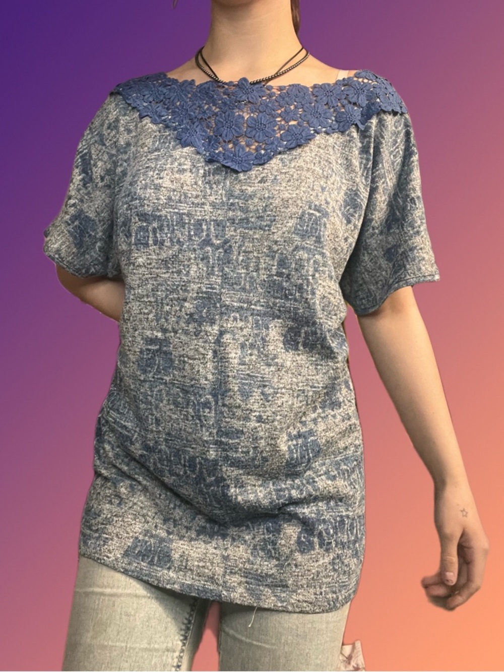 Women's Short Sleeve Blue Crochet Yoke Tee